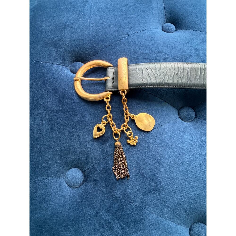 Women's Vintage 90s y2k Black Leather Gold Charm Adjustable Slide Belt Loop S P